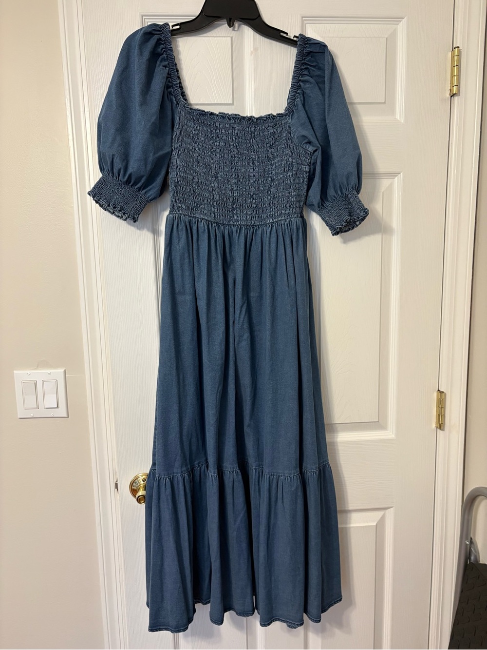 INC International Concepts Denim-Blue Puffed Sleeve Smocked Dress